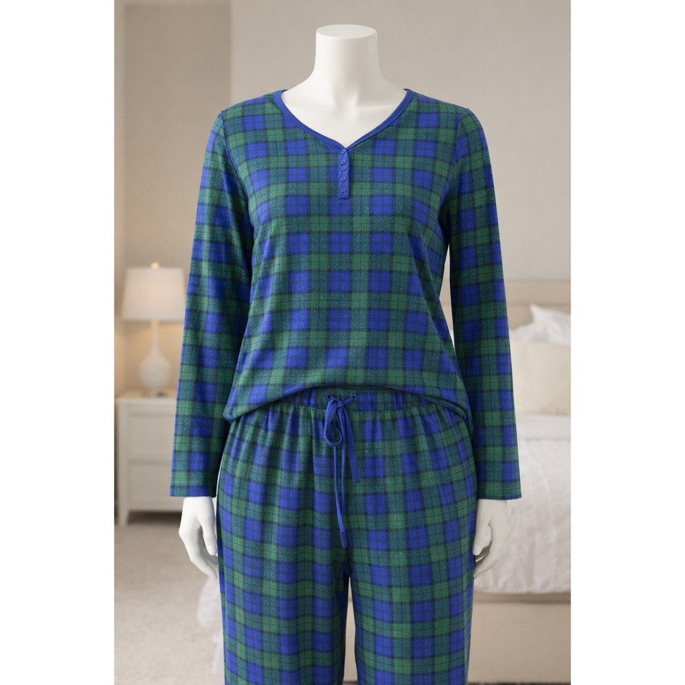 Muk Luks Womens P1X Pajama Set‎ Blue Green Plaid Henley Top Jogger Pants PJs